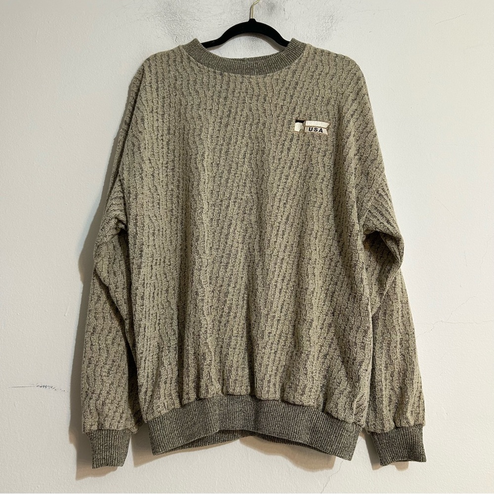 Vintage Textured Knit USA Embroidered Crewneck Sweater Grandpa Indie Grunge
